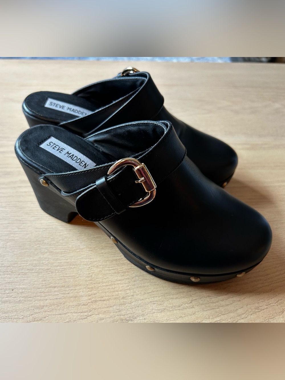 Steve Madden Black Leather Buckle Clog Mules with Gold Accent Size 7.5